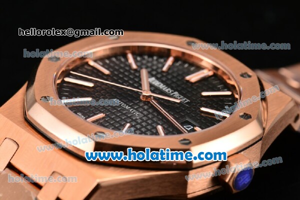 Audemars Piguet Royal Oak Swiss ETA 2824 Automatic Full Rose Gold with Sitck Markers and Black Dial - 1:1 Original - Click Image to Close